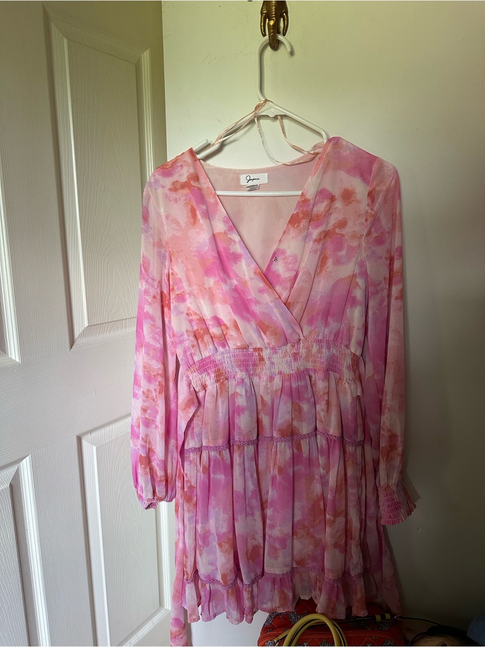 Japna Pink and Coral Watercolor Tiered Mini Dress